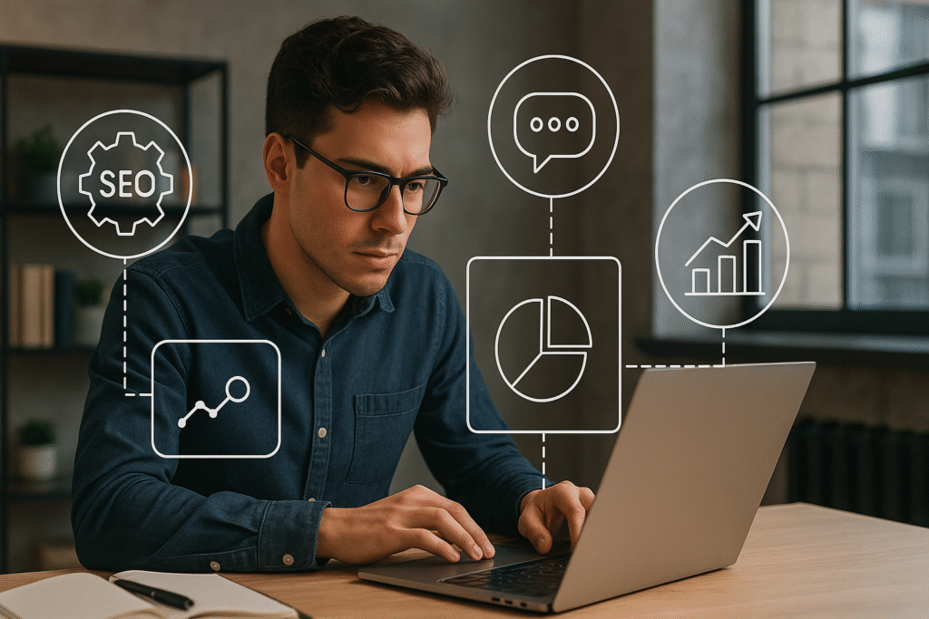Young entrepreneur analyzing marketing data on a laptop in a modern workspace, surrounded by digital icons for SEO, analytics, and social media.