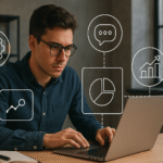 Young entrepreneur analyzing marketing data on a laptop in a modern workspace, surrounded by digital icons for SEO, analytics, and social media.