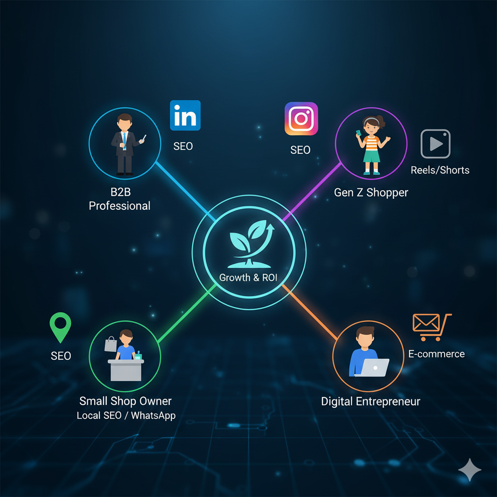 Digital marketing audience persona platform alignment infographic showing B2B, Gen Z, small shop, digital entrepreneur with LinkedIn, Instagram, Google Maps, WhatsApp for growth ROI