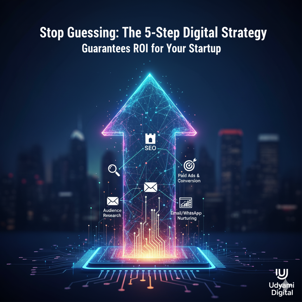 Udyami Digital 5-step digital marketing strategy for startup ROI growth with icons for audience, SEO, paid ads, email