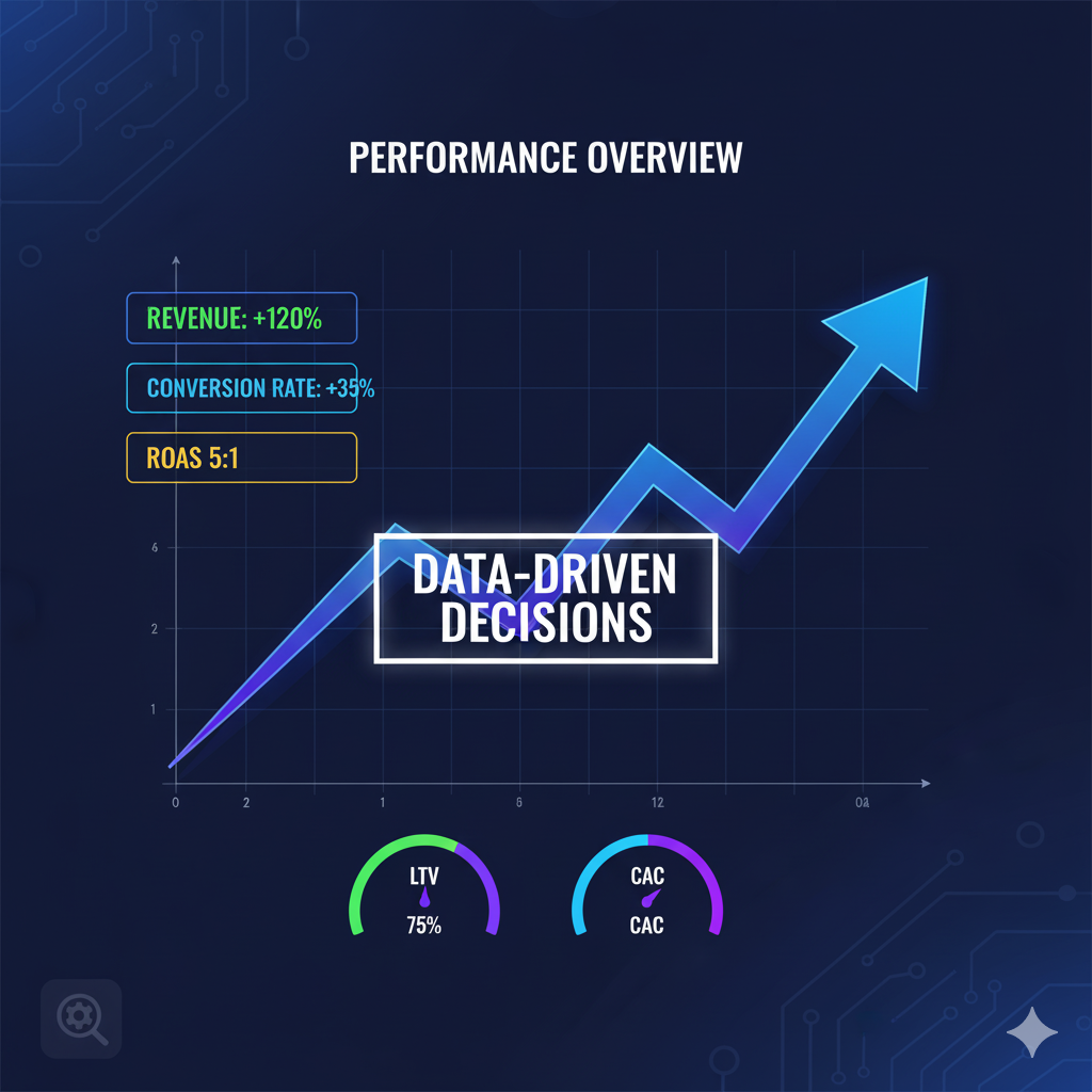 Data-driven marketing decisions dashboard with upward trend graph showing high ROI, revenue, conversion rate, ROAS, LTV, CAC for business growth