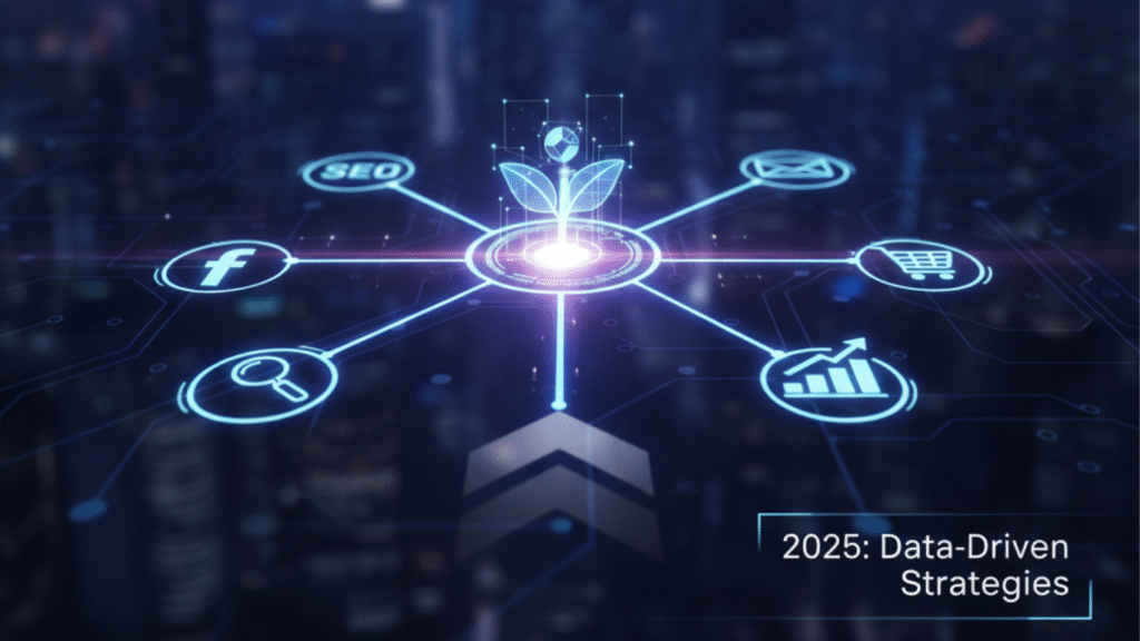 "Modern digital marketing concept illustrating key channels like SEO, email, social media, paid ads, content marketing, video, and mobile marketing for small businesses in 2025."